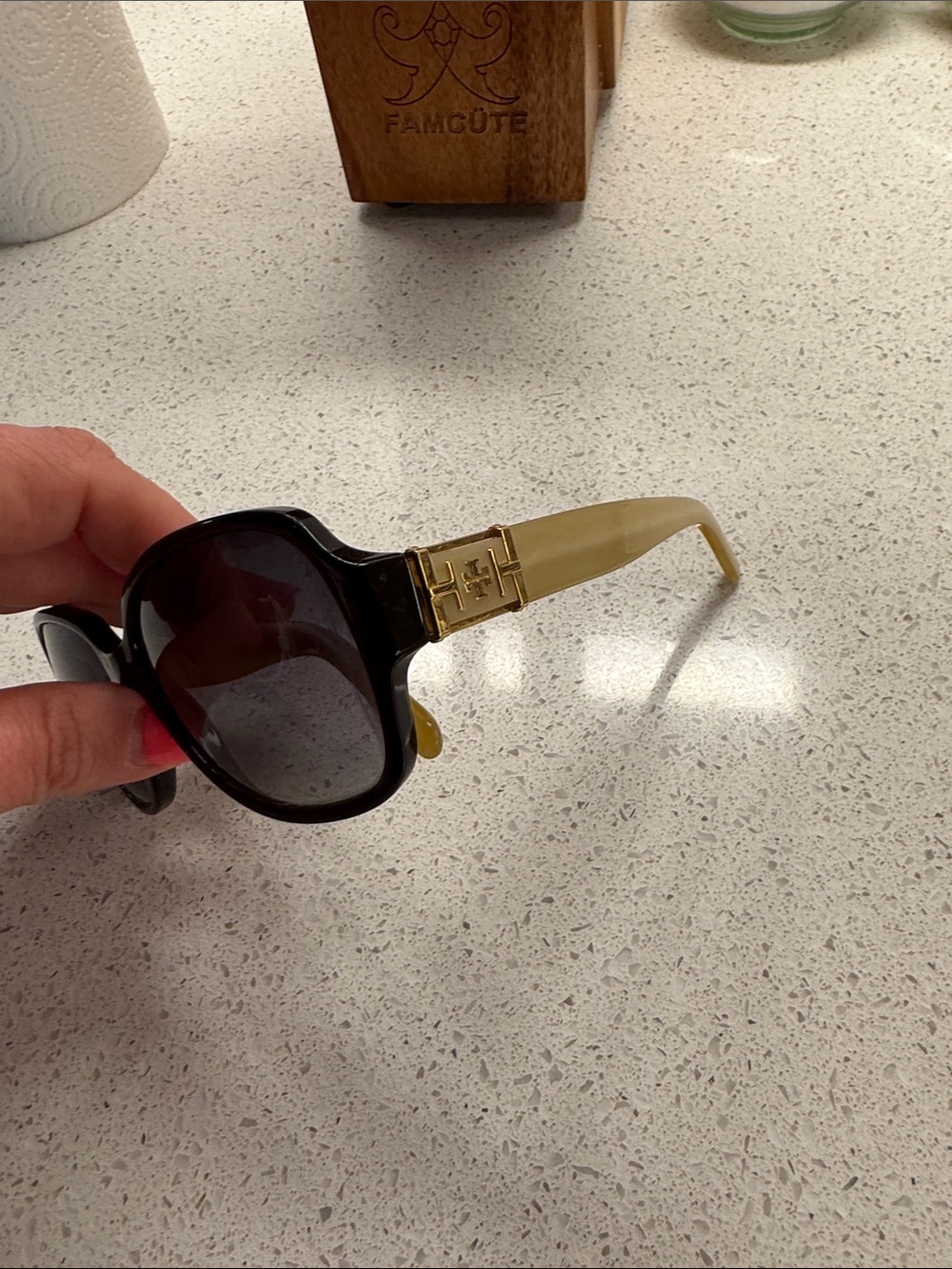 Tory Burch Black Front Sunglasses with Beige Temples and Gold Logo